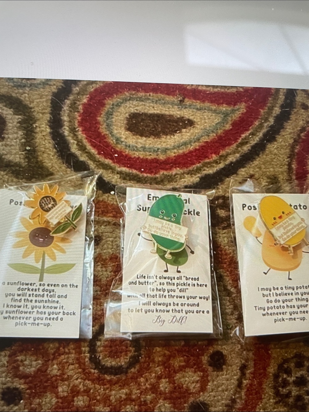Sunny Sunflower, Pickle & Potato Enamel Pin Set - Yellow, Green, Cream